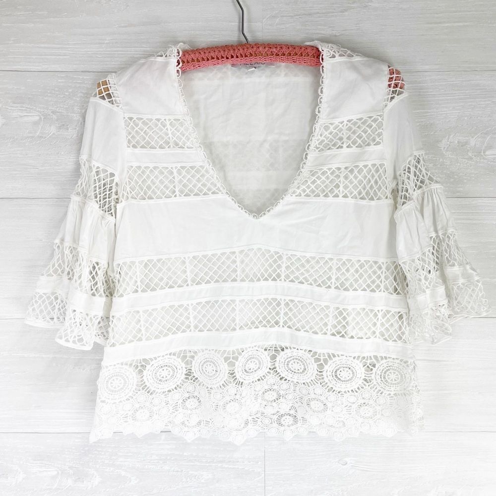 Alexis Lace Netted Silk Blend Bell Sleeve Top